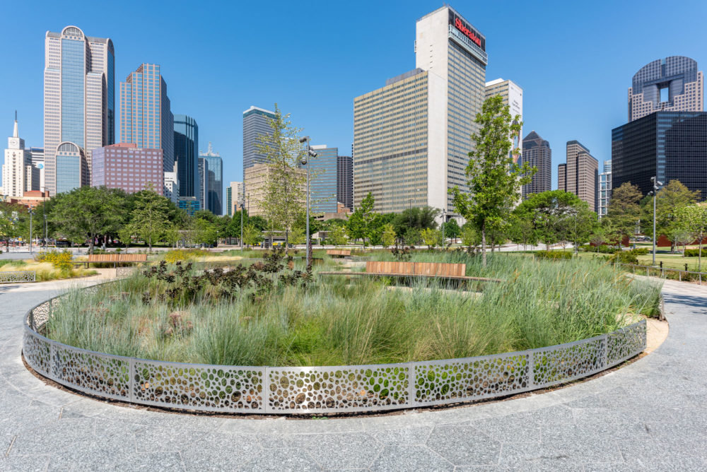 a city park with a circular pond surrounded by tall buildings | Southern Botanical