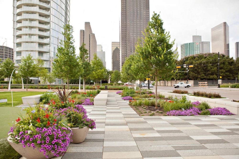 a city park with a checkered walkway and flower beds | Southern Botanical